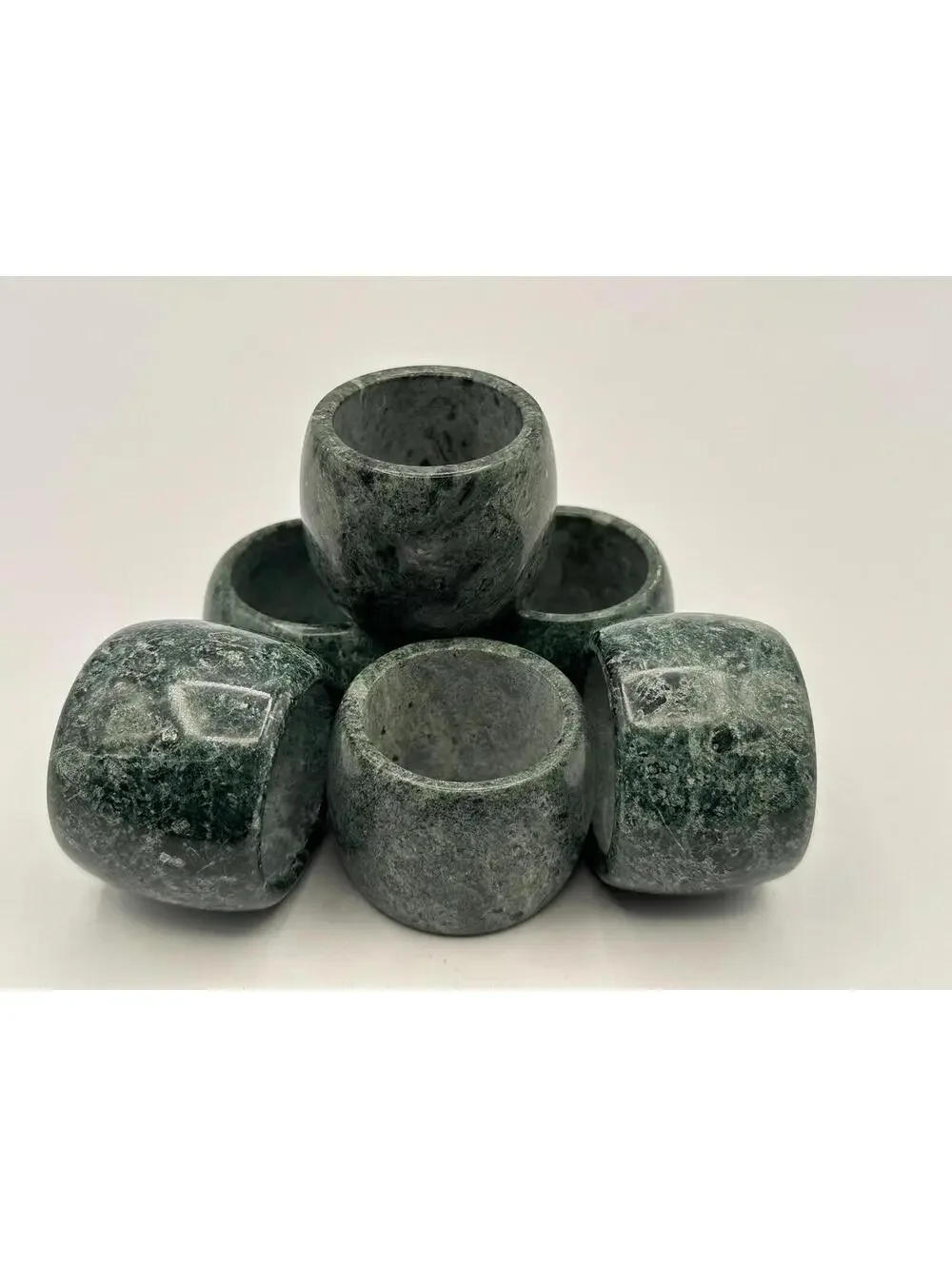 Set of 6 Vintage Agate Stone Napkin Rings - Polished Green Natural Marbled Decor
